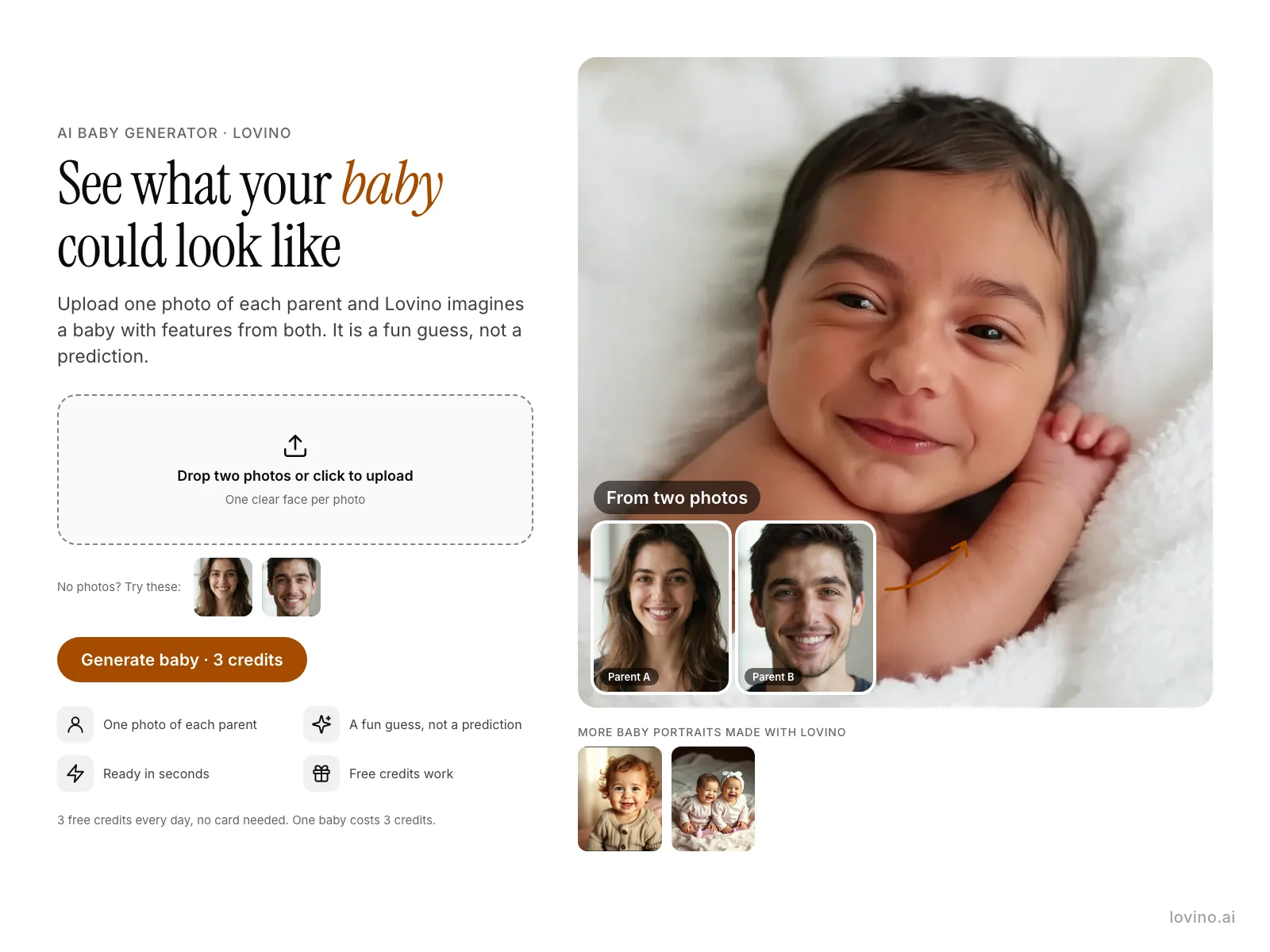 Diagram: upload one photo of each parent and Lovino imagines a baby with features from both. Example result from two AI-made parent portraits.