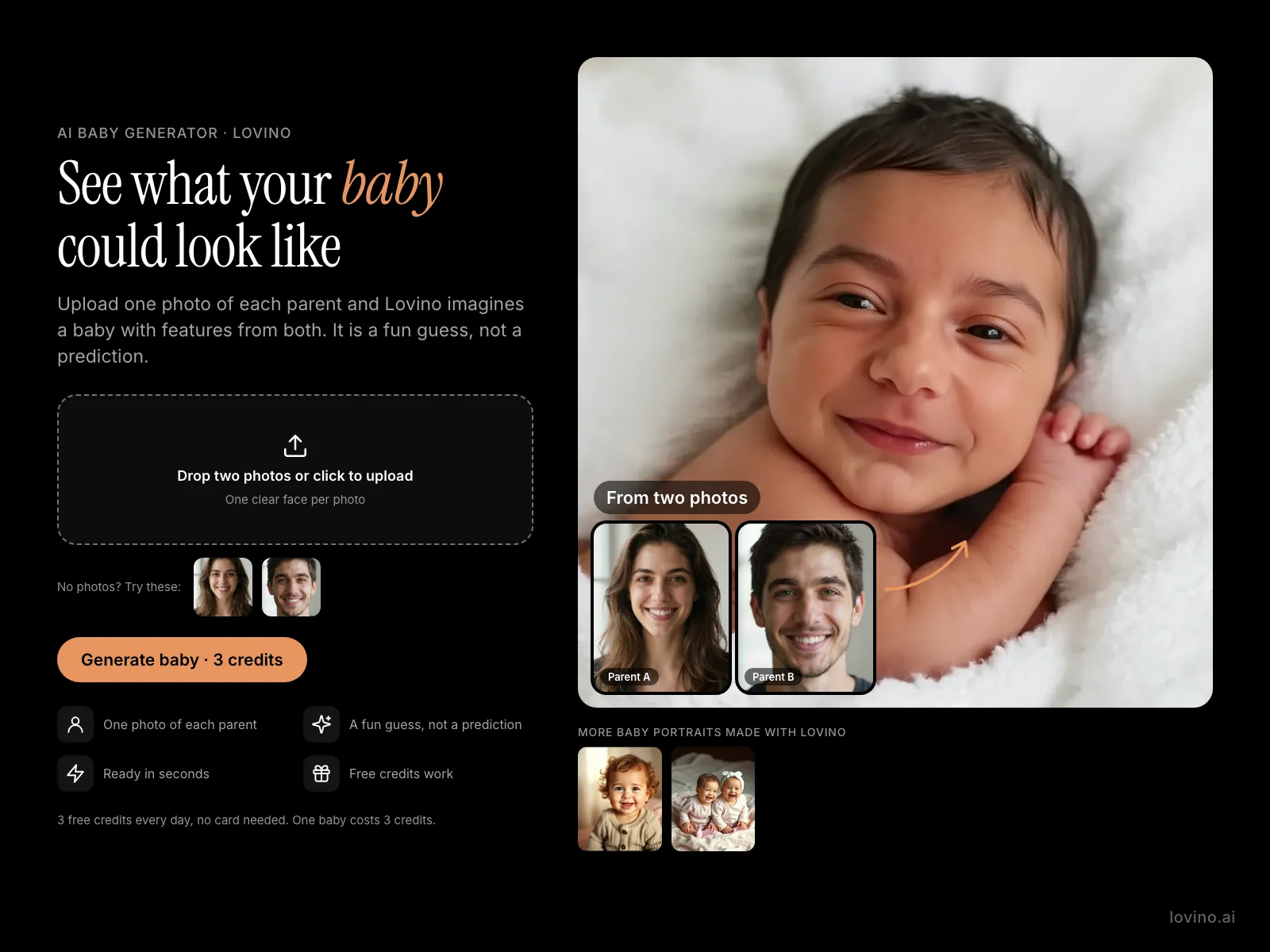 Diagram: upload one photo of each parent and Lovino imagines a baby with features from both. Example result from two AI-made parent portraits.