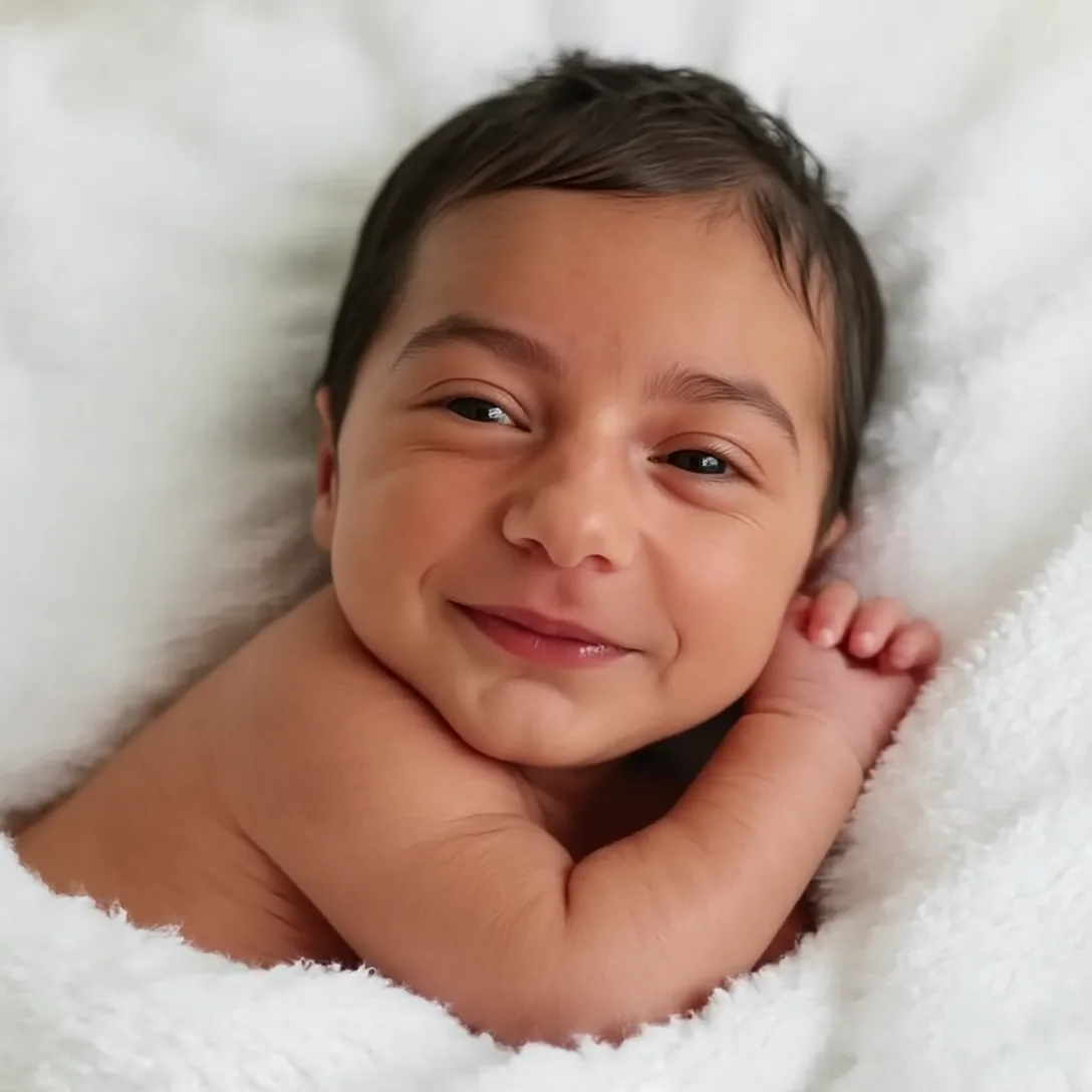 A newborn baby with dark hair smiling on a white blanket