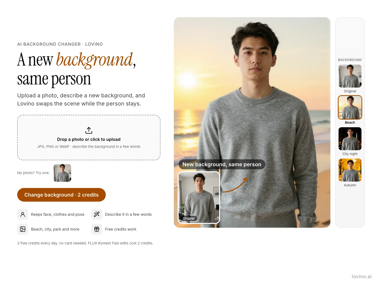 Diagram: upload a photo, describe a new background, and Lovino replaces it while the person, clothes and pose stay. Real examples with beach, city night and autumn park backgrounds.