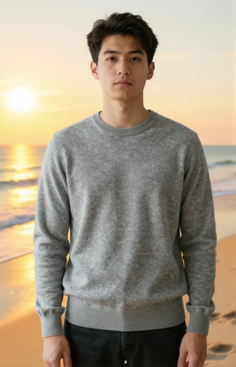 The same man in the same grey sweater, now standing on a beach at golden hour