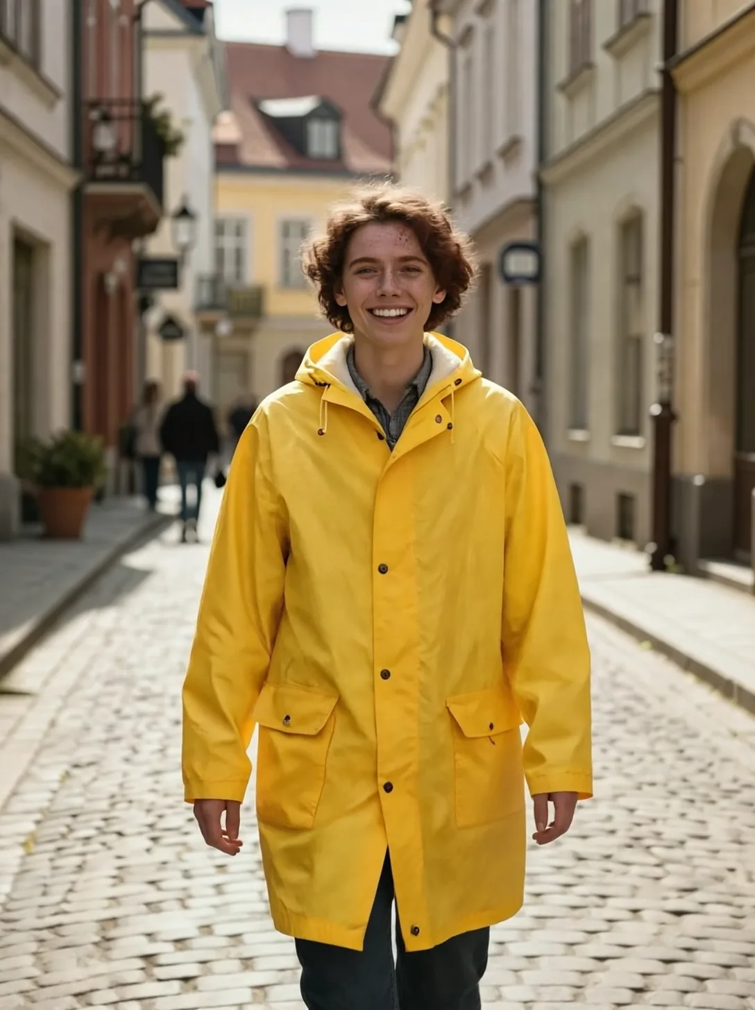 A smiling person in a yellow raincoat on a cobblestone street, now with the freckled face from the source photo