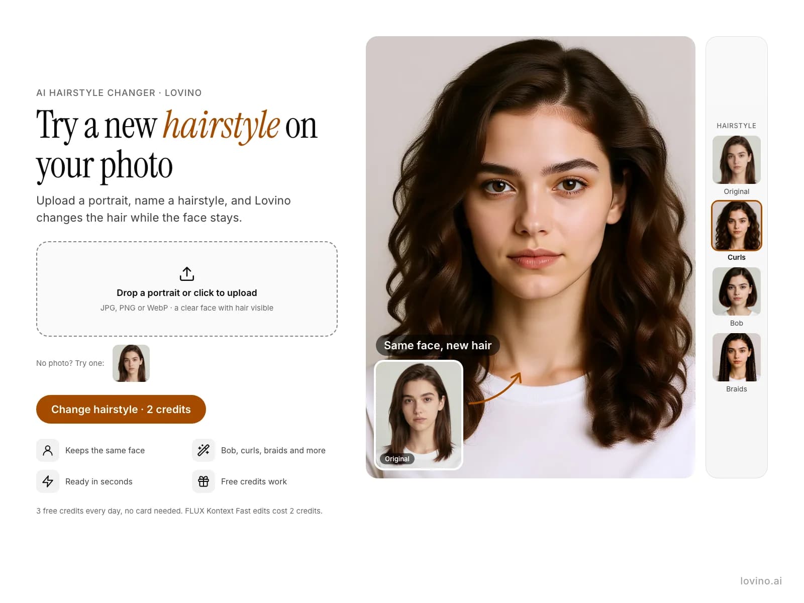Diagram: upload a portrait, name a hairstyle such as soft curls, a bob or box braids, and Lovino changes the hair while the face stays. Real examples from one AI-made portrait.