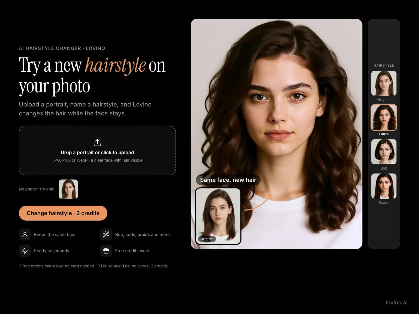 Diagram: upload a portrait, name a hairstyle such as soft curls, a bob or box braids, and Lovino changes the hair while the face stays. Real examples from one AI-made portrait.
