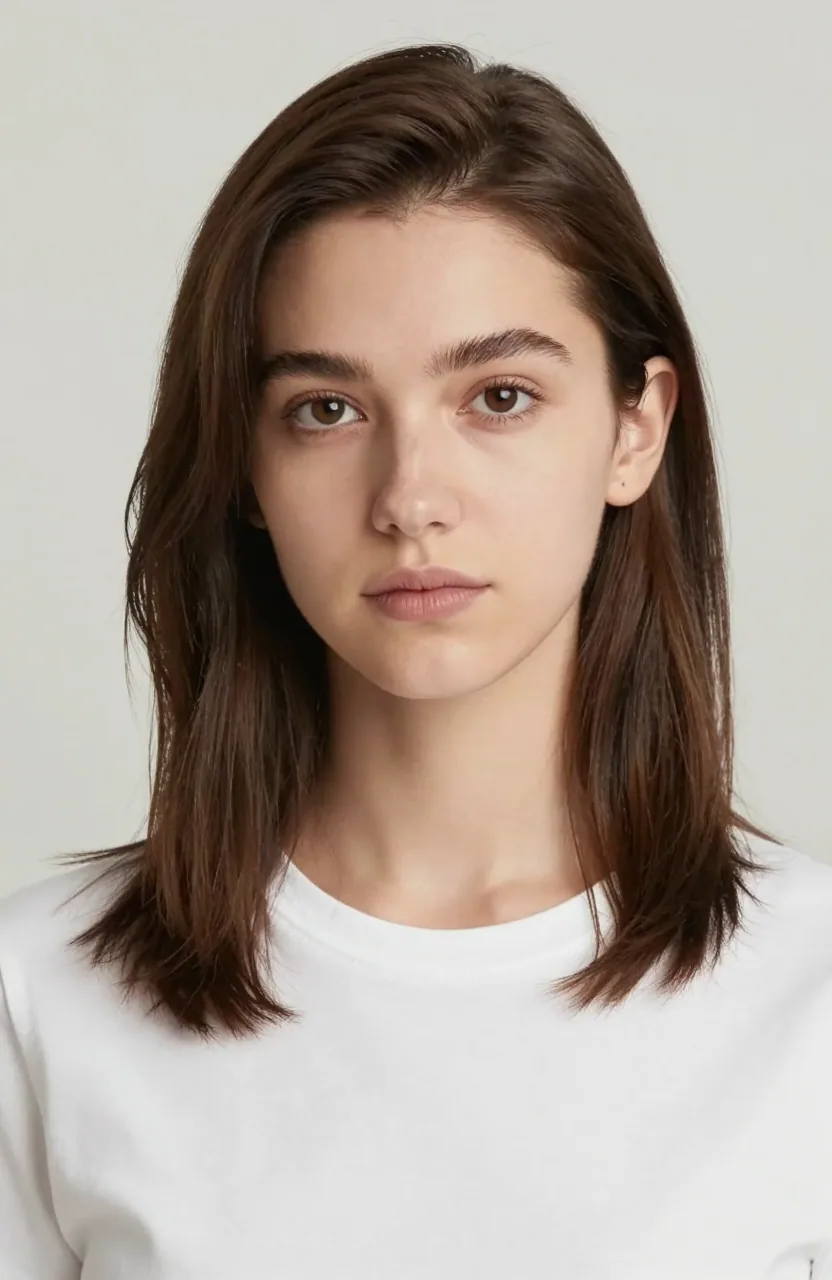 A young woman with shoulder-length straight brown hair in a white tee on a plain backdrop