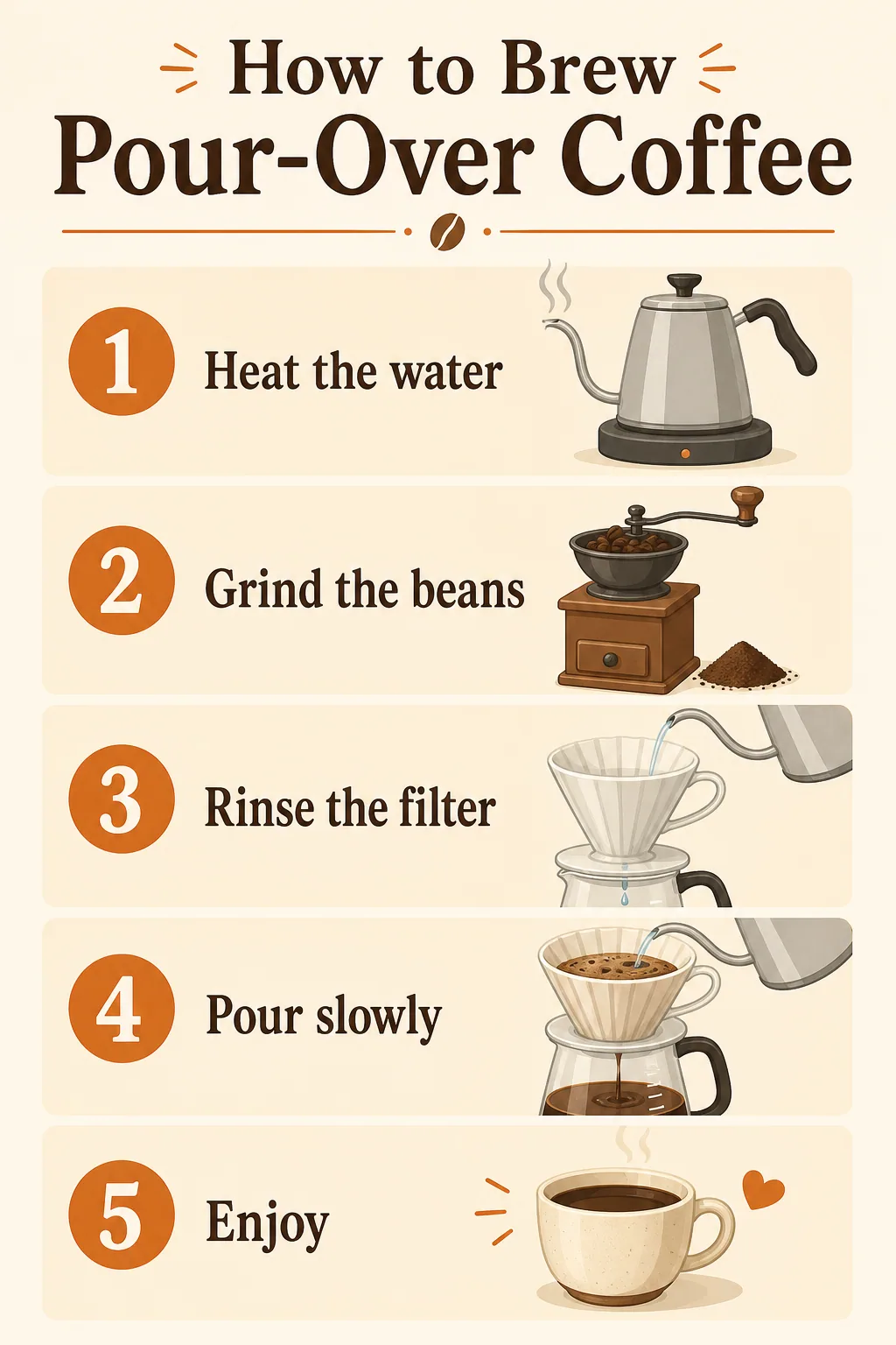 Infographic titled "How to Brew Pour-Over Coffee" with five numbered steps and icons