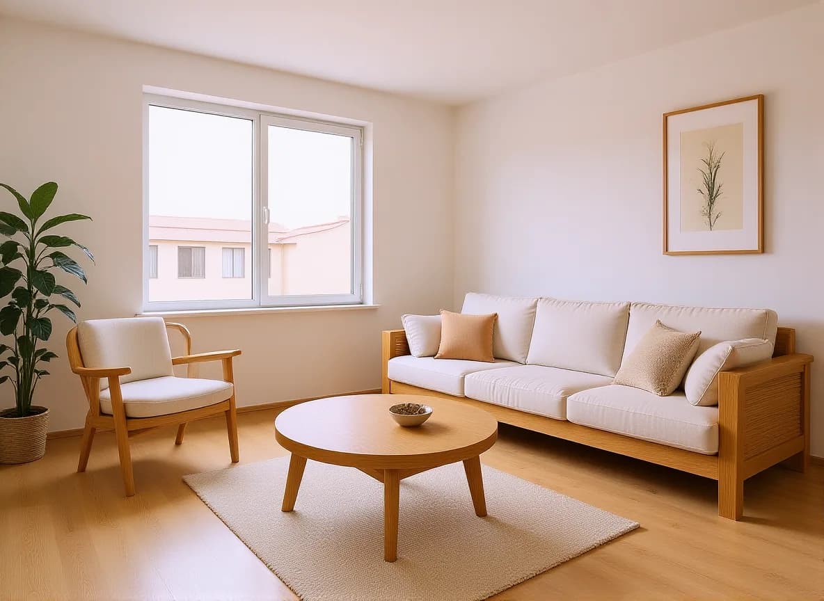 The same room furnished in Japandi style with a low sofa, round table, plant and framed art