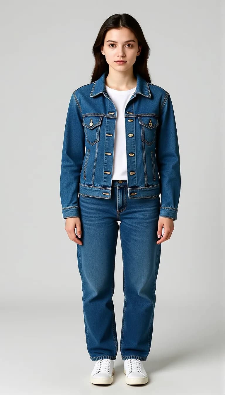 The same woman, same pose, now wearing a denim jacket over a white tee and jeans