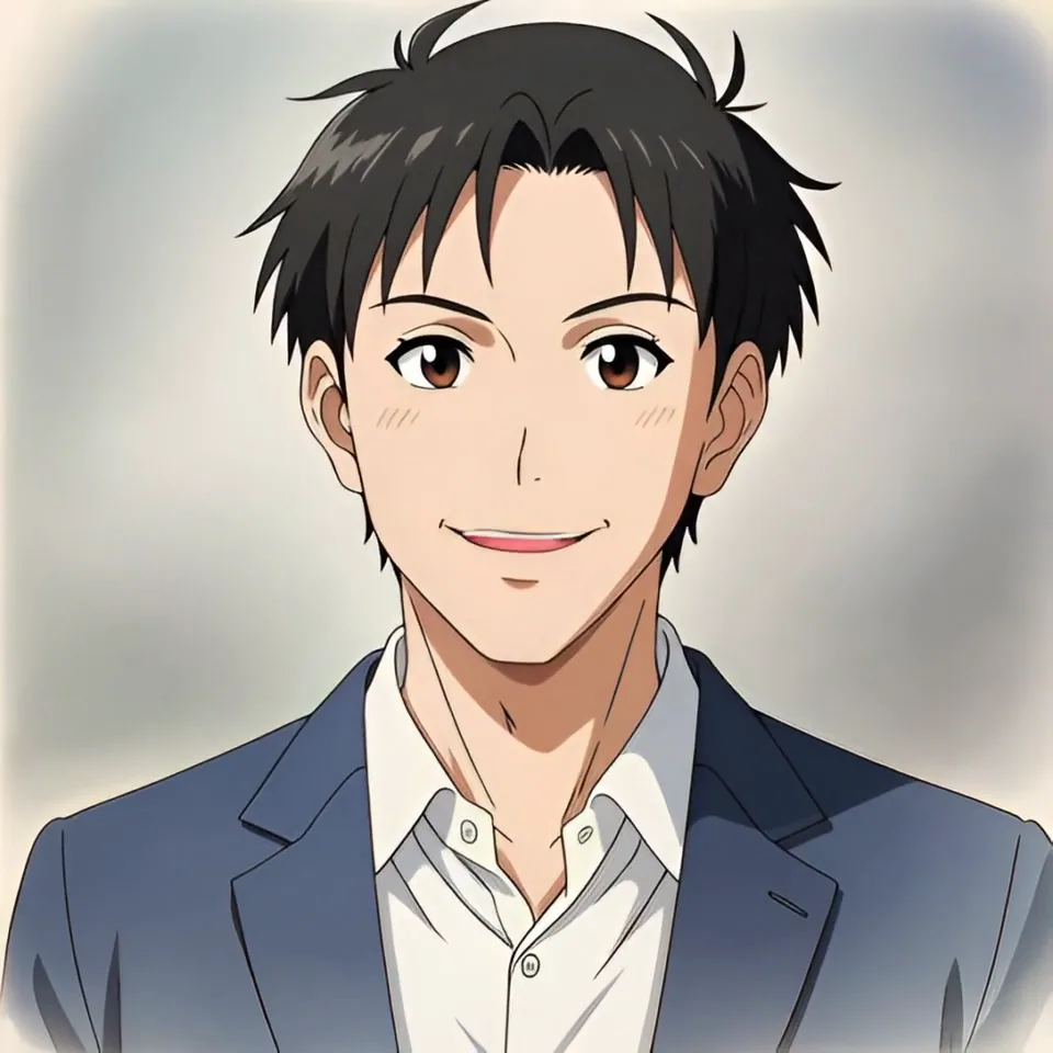 A smiling man in a navy suit and open white collar, redrawn as an anime character