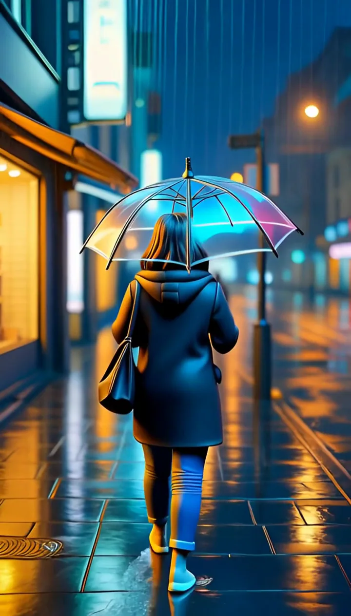 The same rainy street walk restyled as a 3D animated film with bright neon reflections