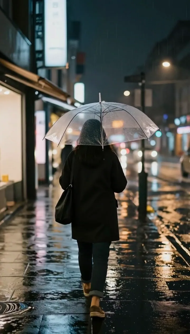A person with a clear umbrella walks down a rainy city street at night