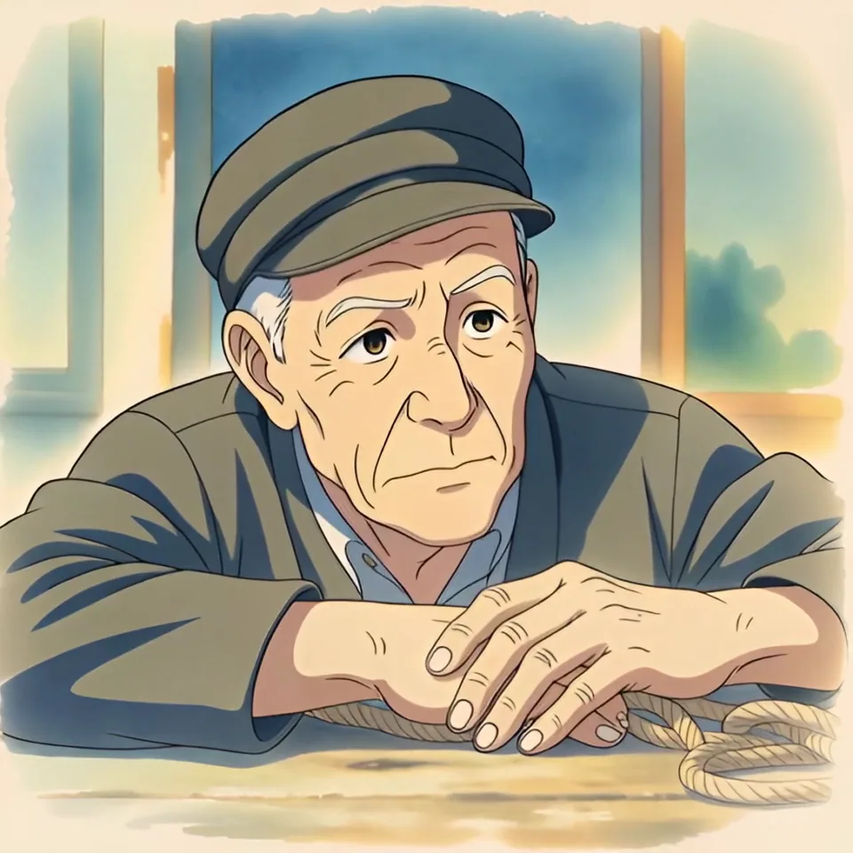 An elderly man in a flat cap resting his hands on a table, redrawn as a hand-drawn anime scene