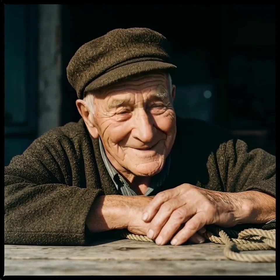 An elderly man in a flat cap resting his hands on a table, photographed in warm low light