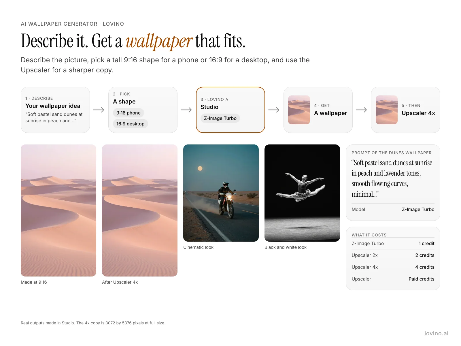Diagram: describe a wallpaper, pick a 9:16 phone or 16:9 desktop shape, and Lovino makes it in Studio; the Upscaler 4x makes a sharper copy. Real examples: pastel dunes, a cinematic desert scene and a black and white dancer.