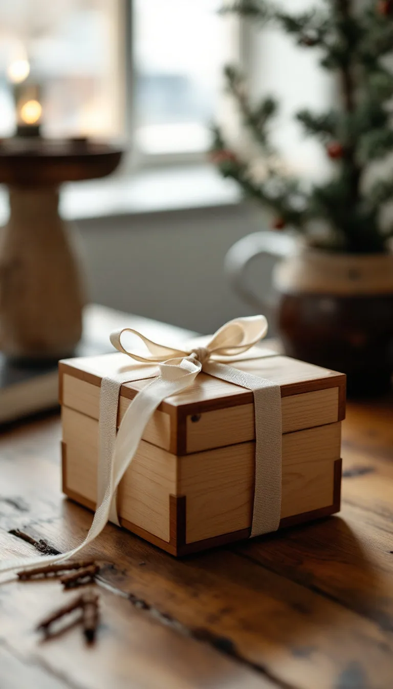 A closed wooden gift box tied with a linen ribbon on an oak table