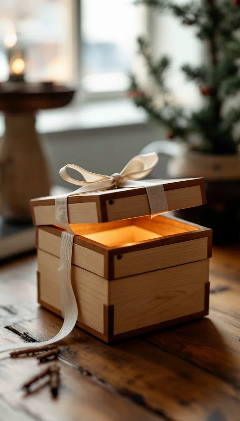 The gift box lid opening with a warm glow inside