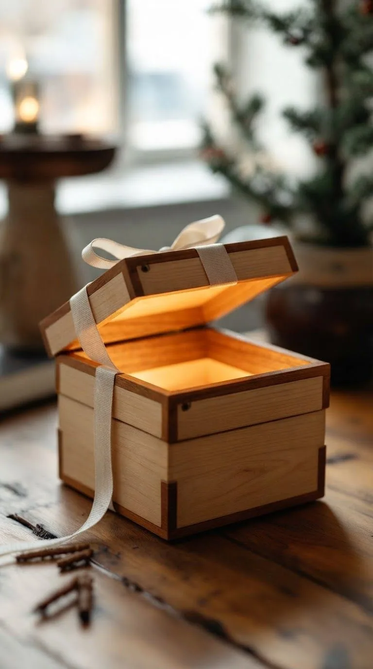 The same gift box with its lid open and warm golden light glowing from inside