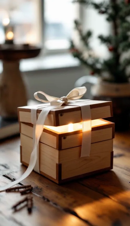 A small wooden gift box on a table slowly opens, warm light spills out, gentle camera push-in