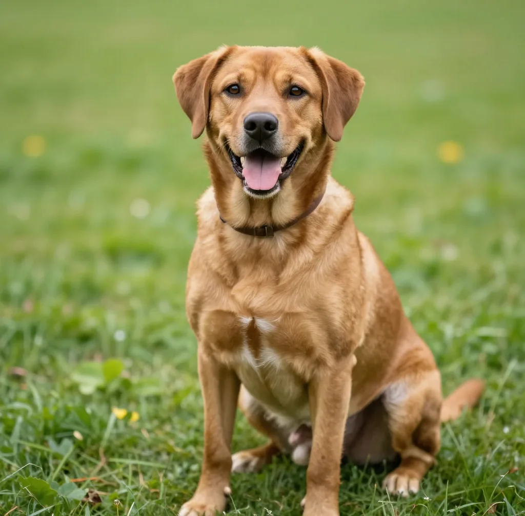 A golden-brown dog sitting on grass, looking at the camera