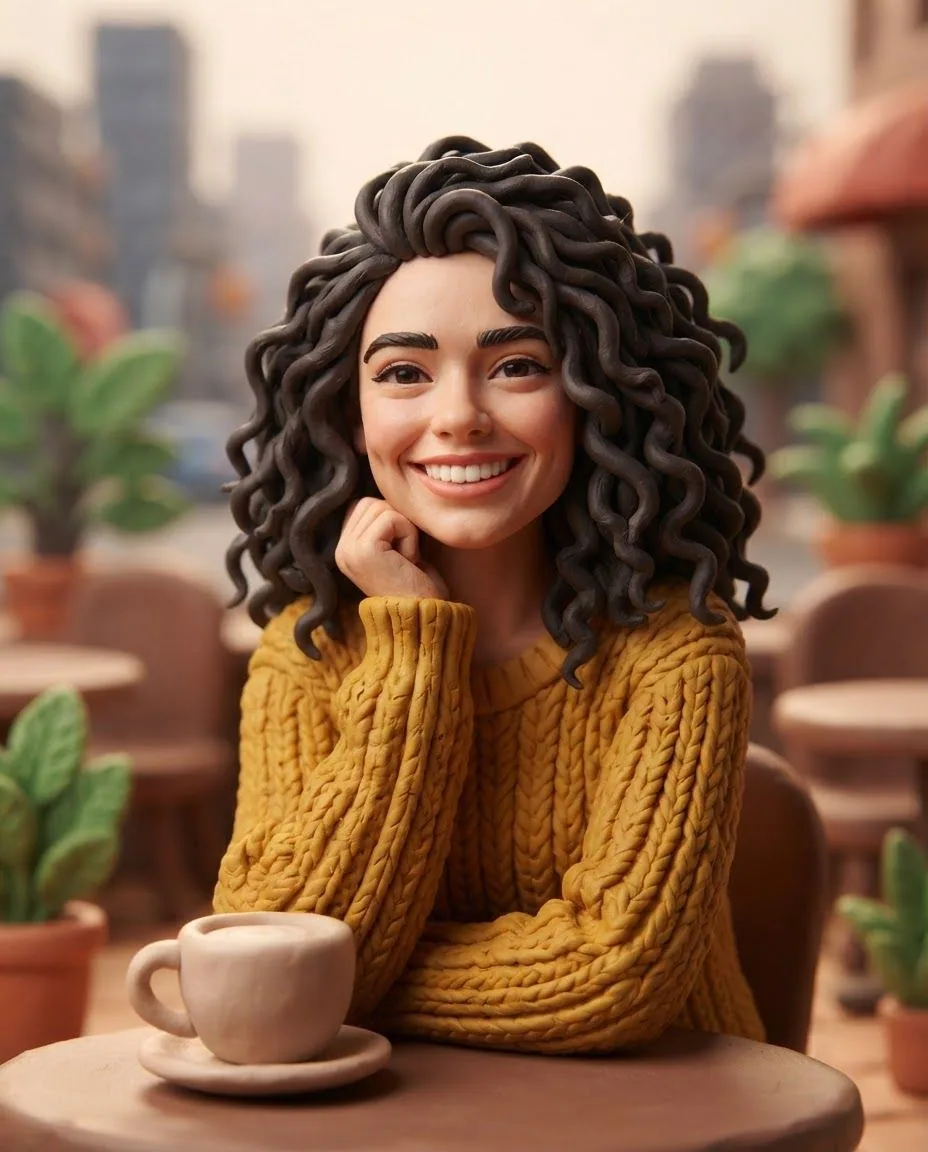 The same woman rebuilt as a clay figure in a handmade miniature cafe