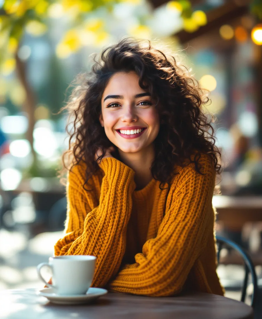 A smiling young woman with dark curly hair and a mustard knit sweater at a cafe table