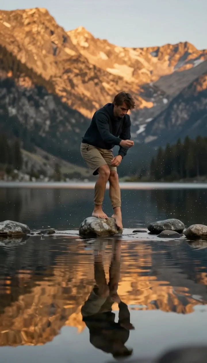 Five-second video: a man skipping stones on a calm mountain lake at golden hour with a mirror reflection, animated from a still photo