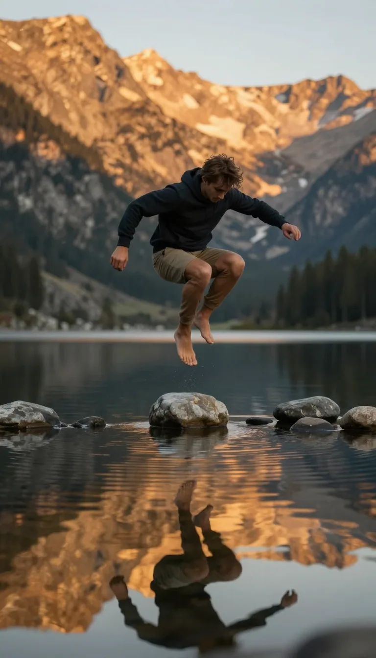 A man skipping stones on a calm mountain lake at golden hour with a mirror reflection