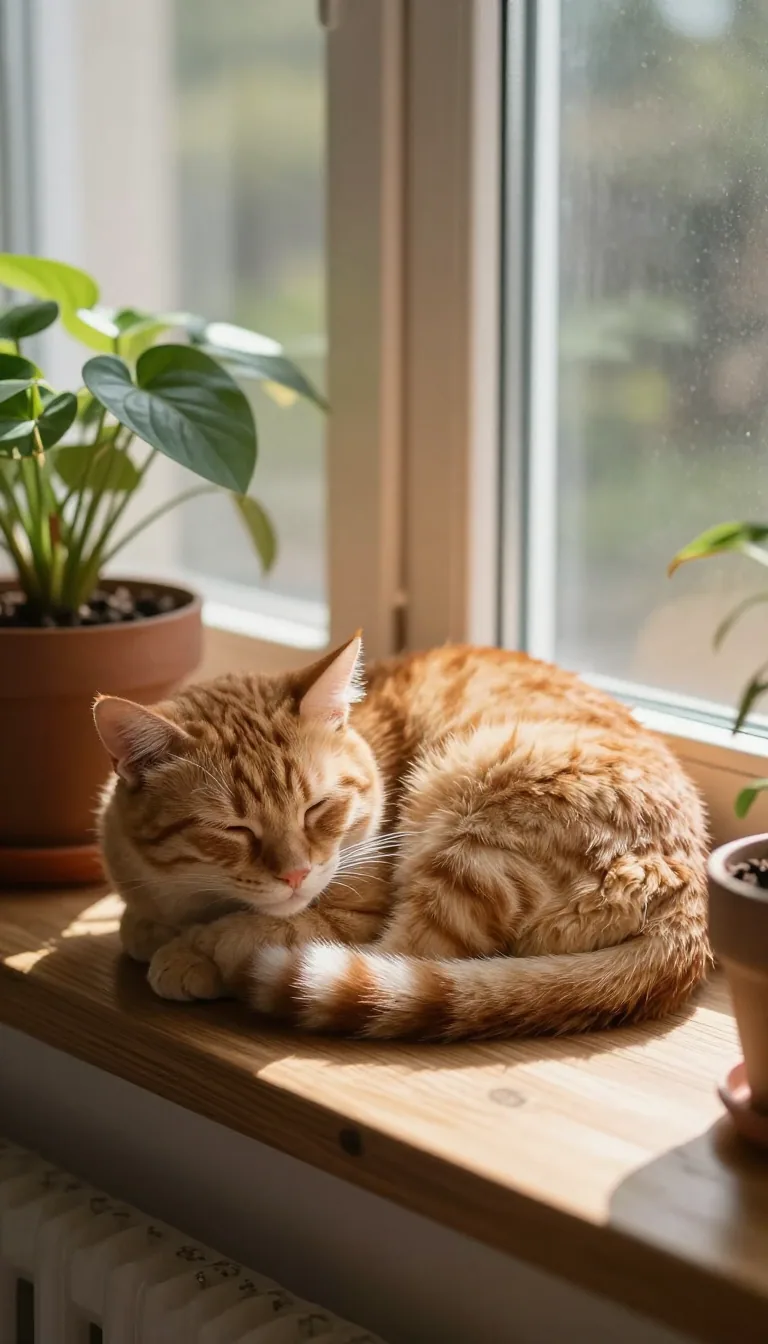 A ginger cat asleep on a window sill beside a potted plant
