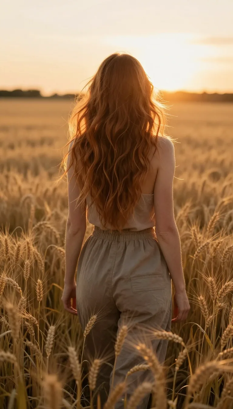 A woman with long hair seen from behind in a golden wheat field at sunset