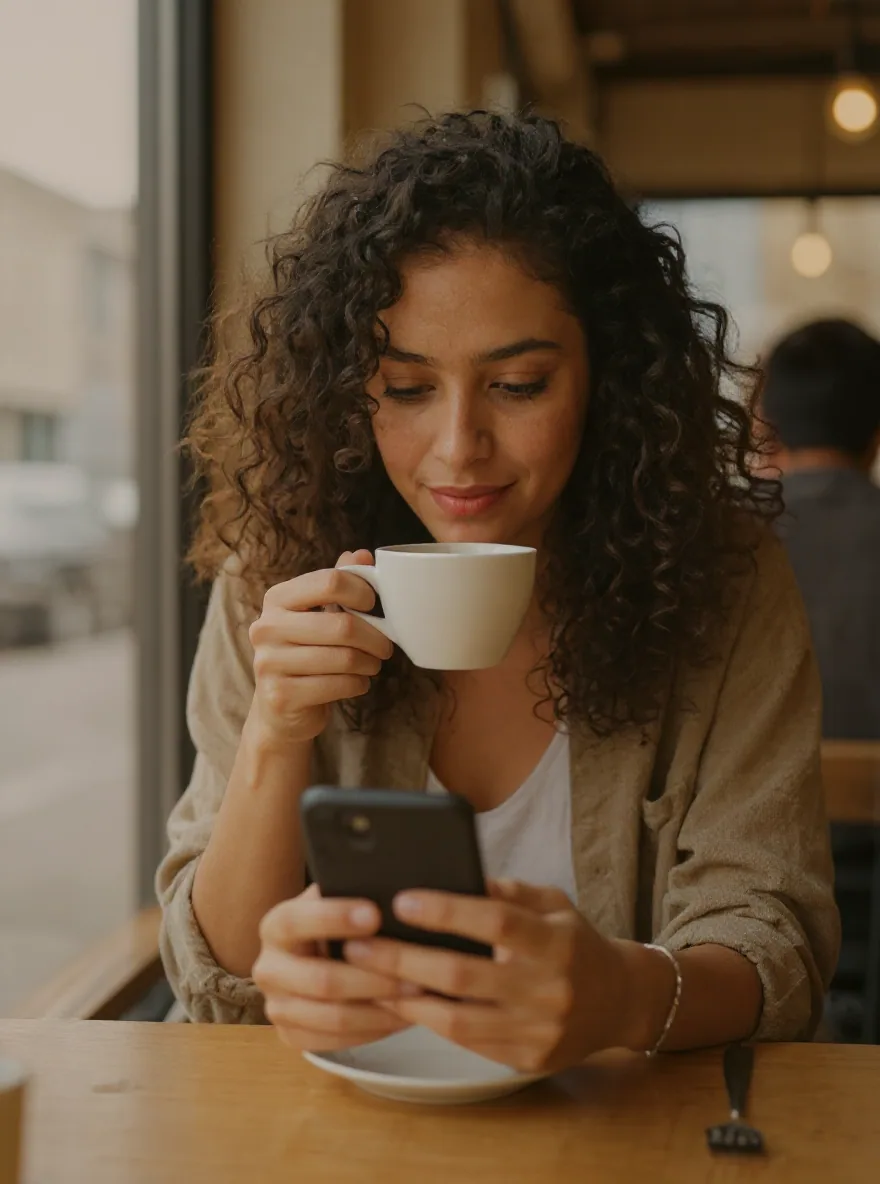 The repaired photo: a woman with curly hair sips from a cup while holding a phone, with no creases left