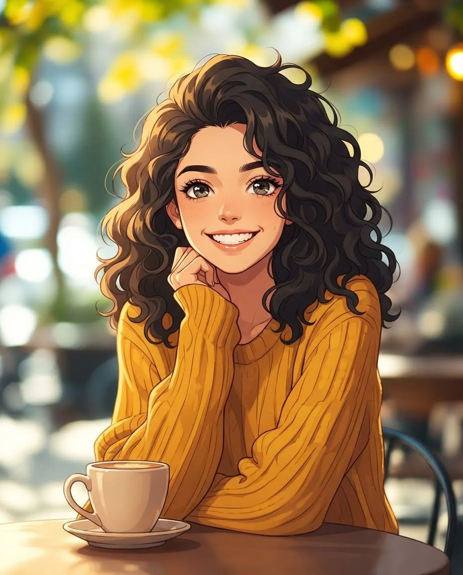 Anime illustration of the same woman with curly hair, mustard sweater and coffee cup, with clean cel shading