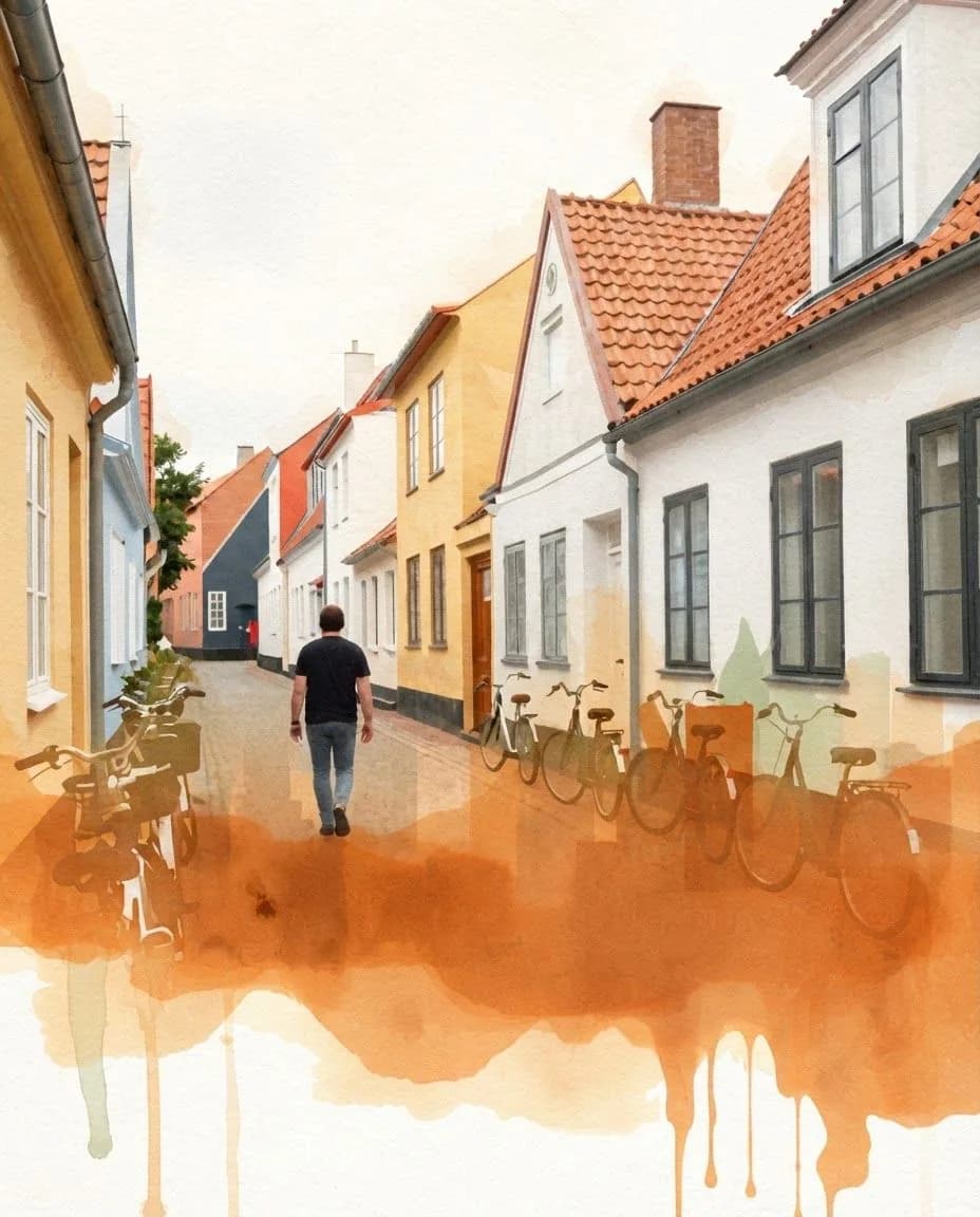 A cobblestone street with pastel houses painted as a loose watercolour with orange drips