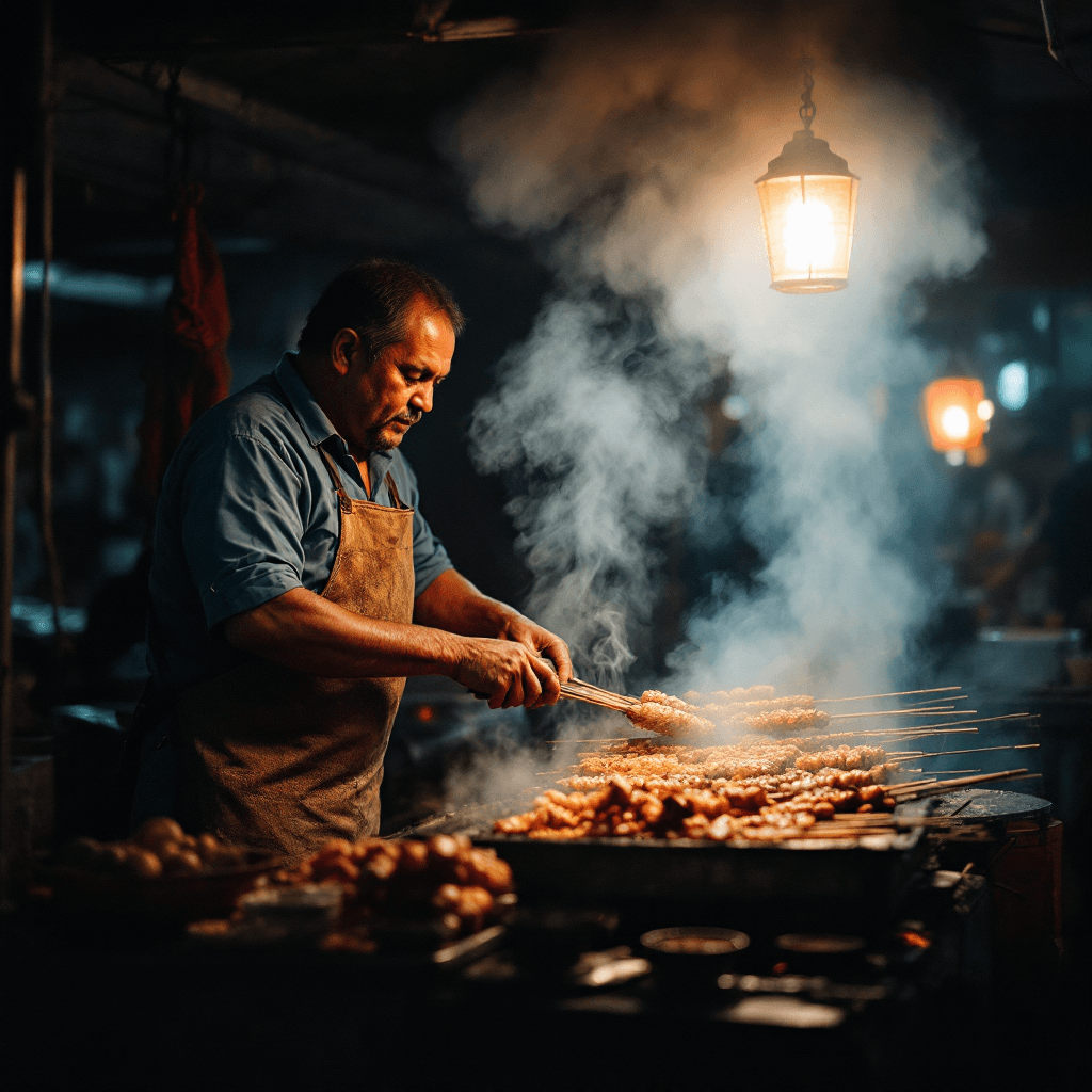 Night Market Satay Vendor: Art & Style AI image template