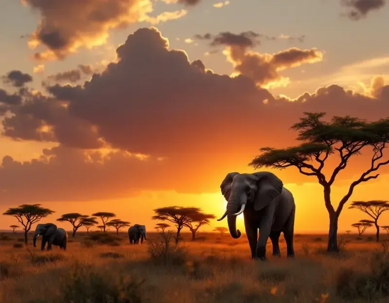 AI-generated elephants silhouetted against a golden hour sky on the Masai Mara