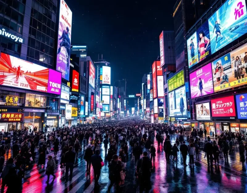AI-generated Shibuya Crossing in Tokyo at night with neon reflections on wet streets