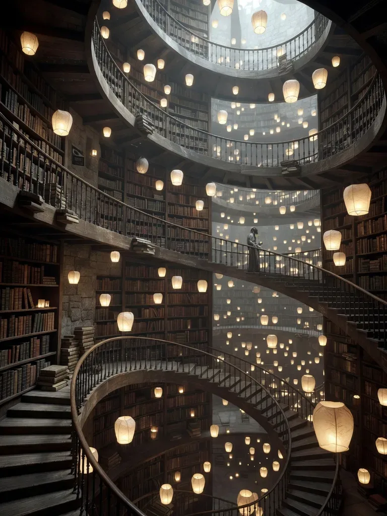 An endless spiral library interior with floating lanterns, generated with Grok Imagine