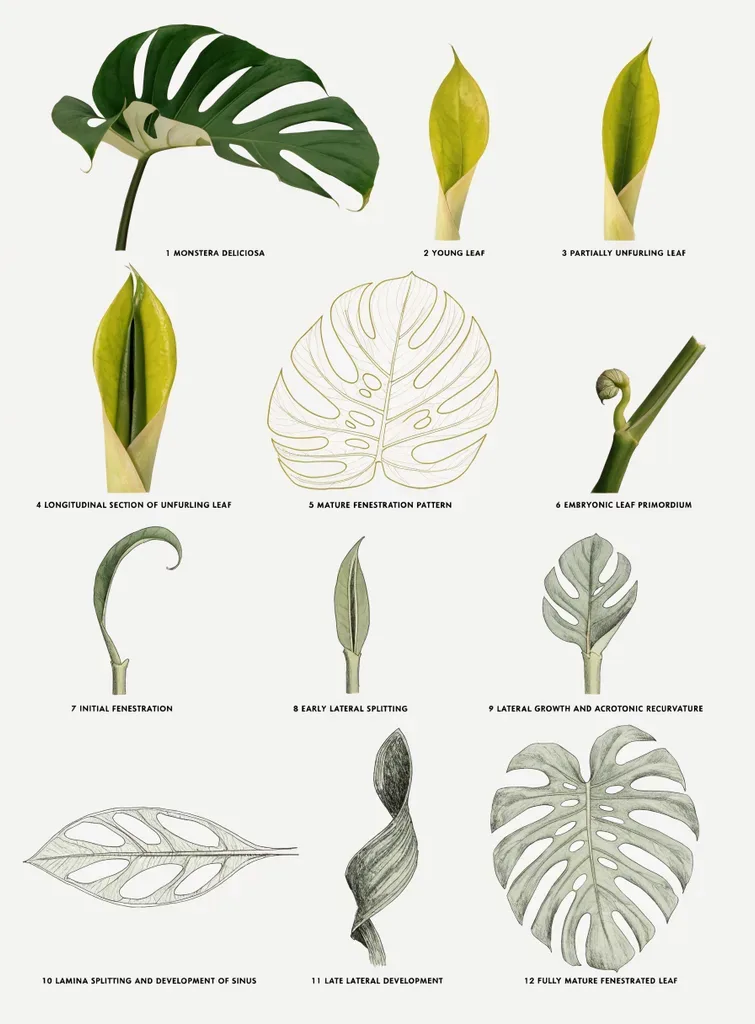 A scientific botanical illustration plate of a monstera plant with labeled leaf stages, generated with Recraft V4