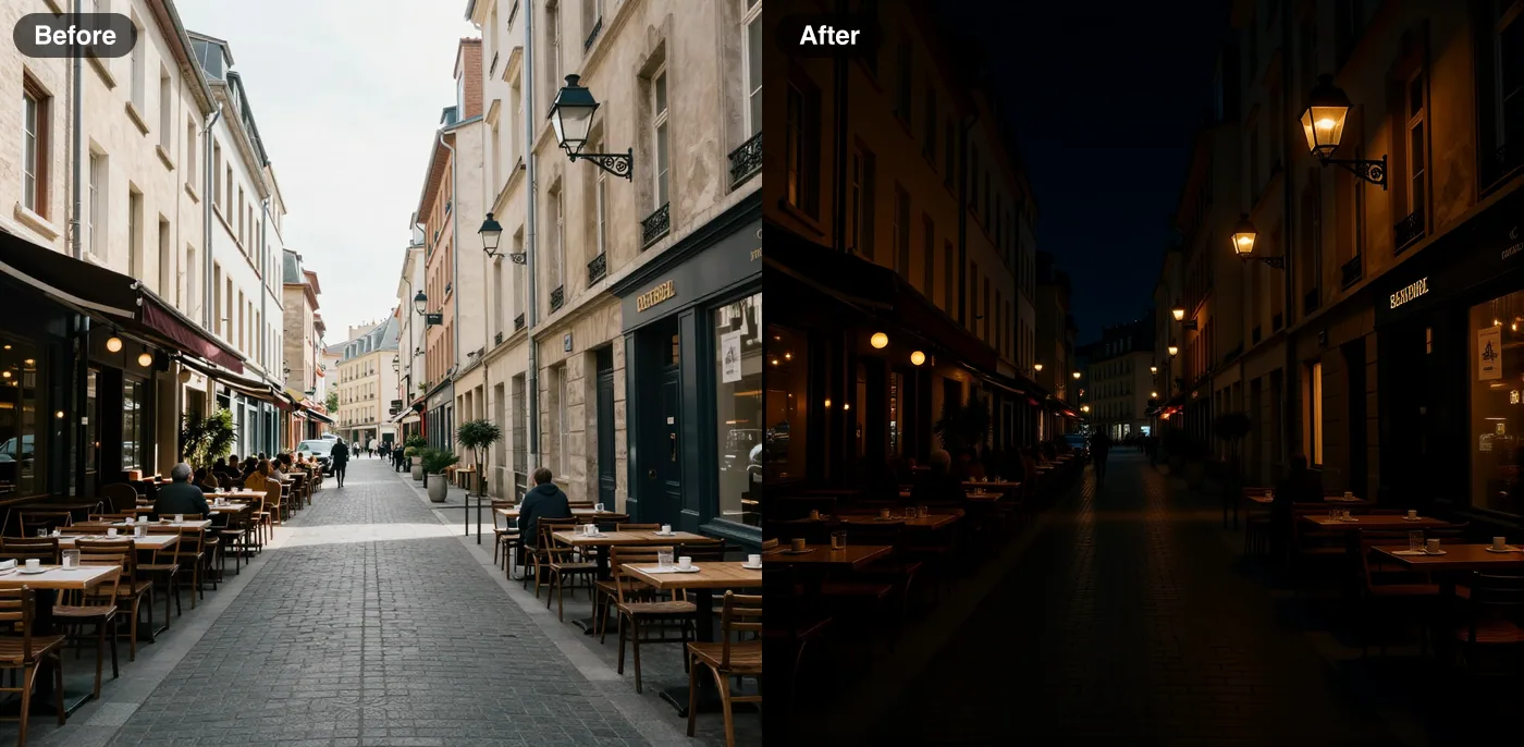 Before and after: a daytime cafe street turned into night with lamp glow; the result is very dark, so the prompt would need a brighter brief (FLUX Kontext Fast)