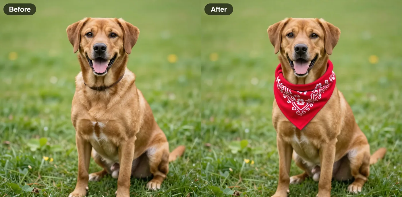 Before and after: a small red bandana added to a dog while everything else stays the same (FLUX Kontext Fast)
