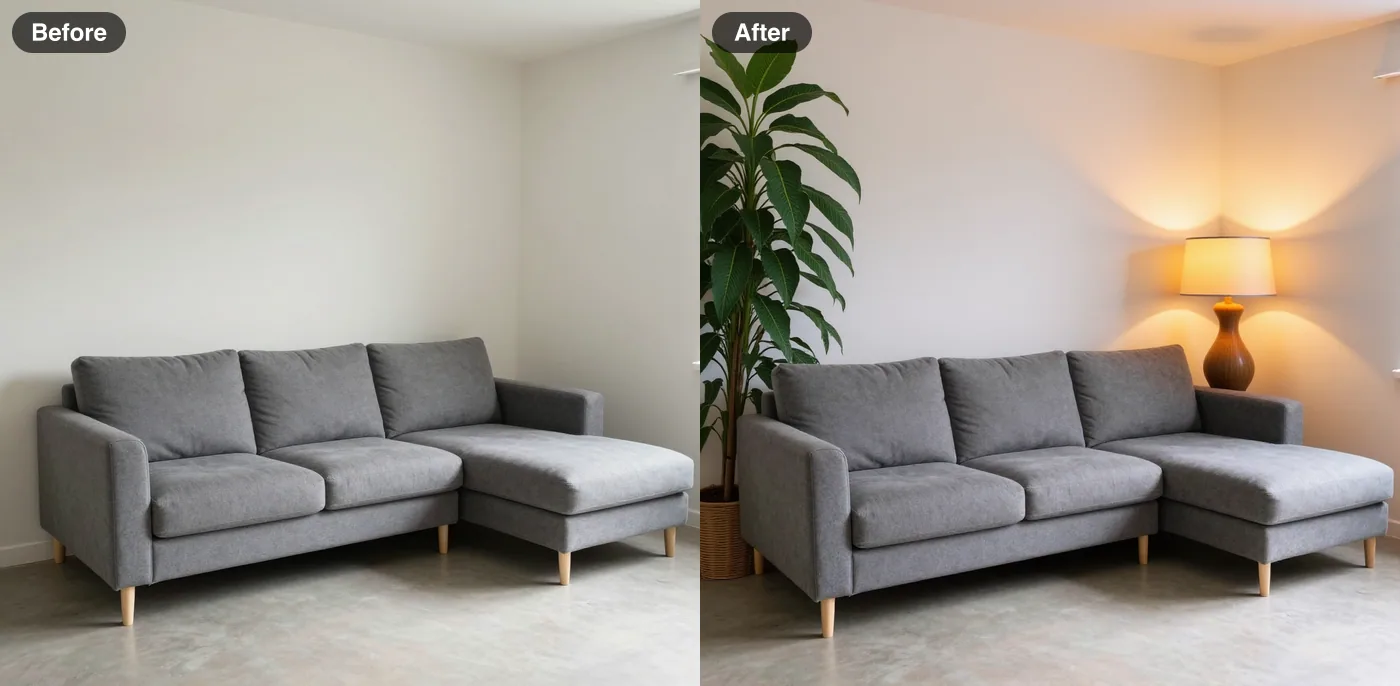 Before and after: a large plant and a lit floor lamp added to an empty living-room corner (FLUX Kontext Fast)