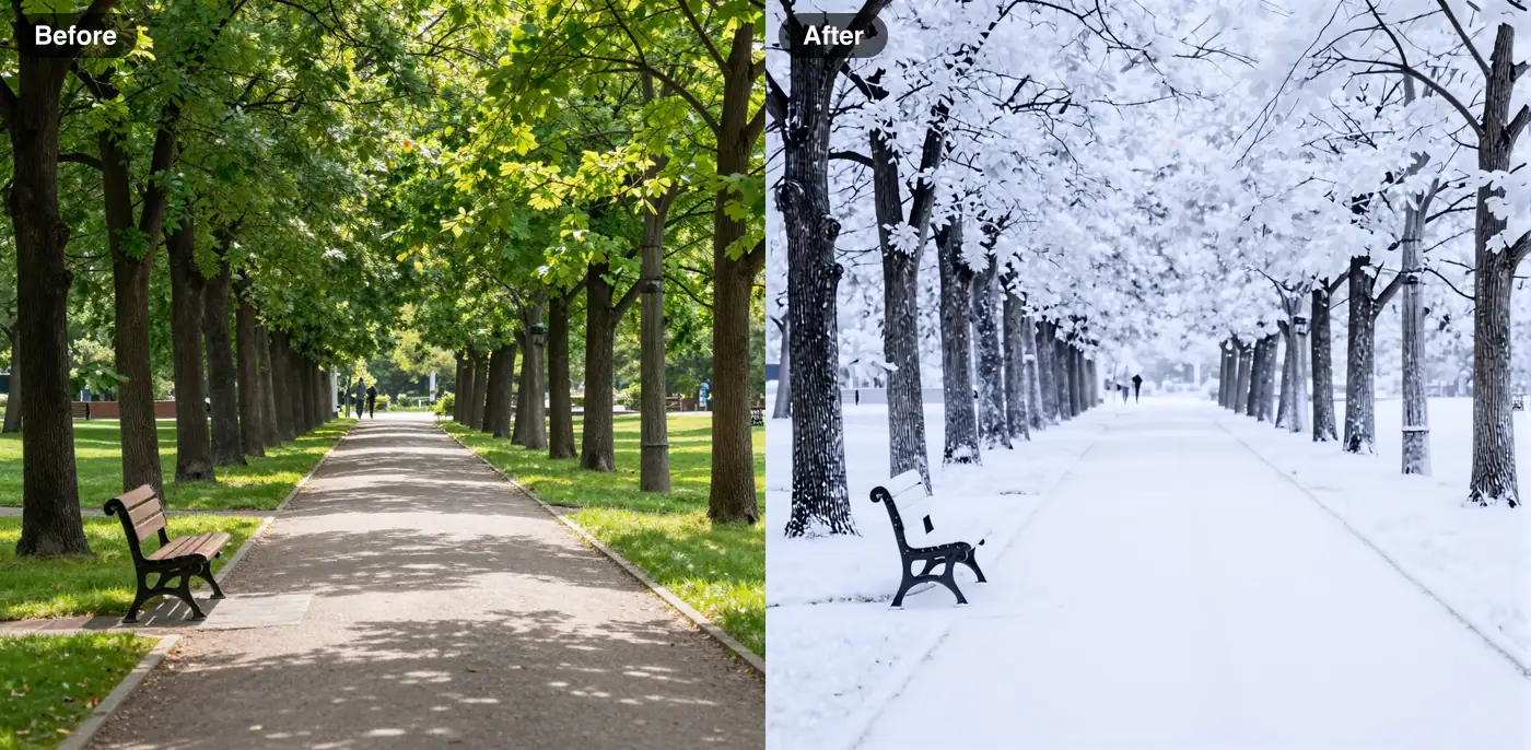 Before and after: a summer park path turned into a snowy winter day with the bench and framing kept (FLUX Kontext Fast)