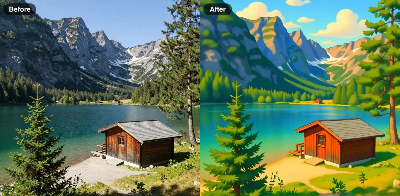 Before and after: an AI-made photo of a mountain lake cabin redrawn in Ghibli style with FLUX Kontext Fast