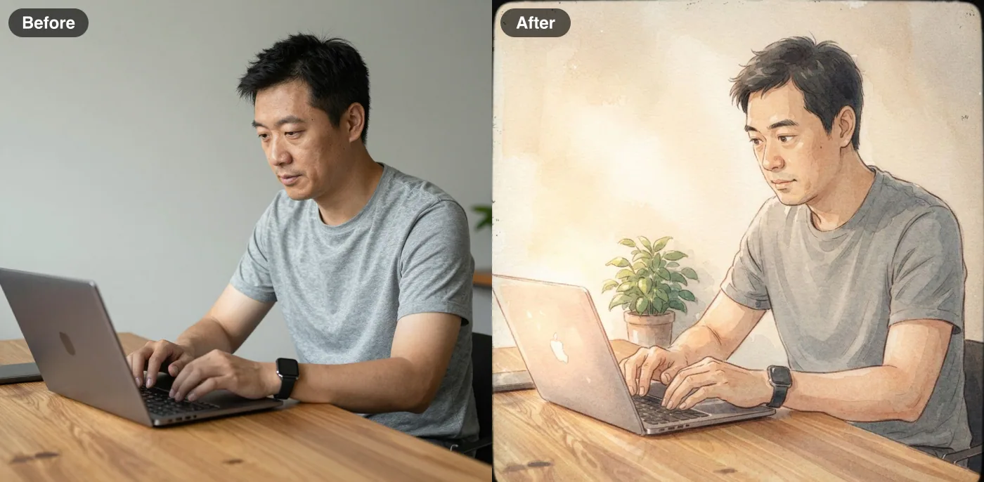 Before and after: an AI-made photo of a man at a desk redrawn as a Ghibli-style frame with Nano Banana 2 Lite, keeping the face and pose