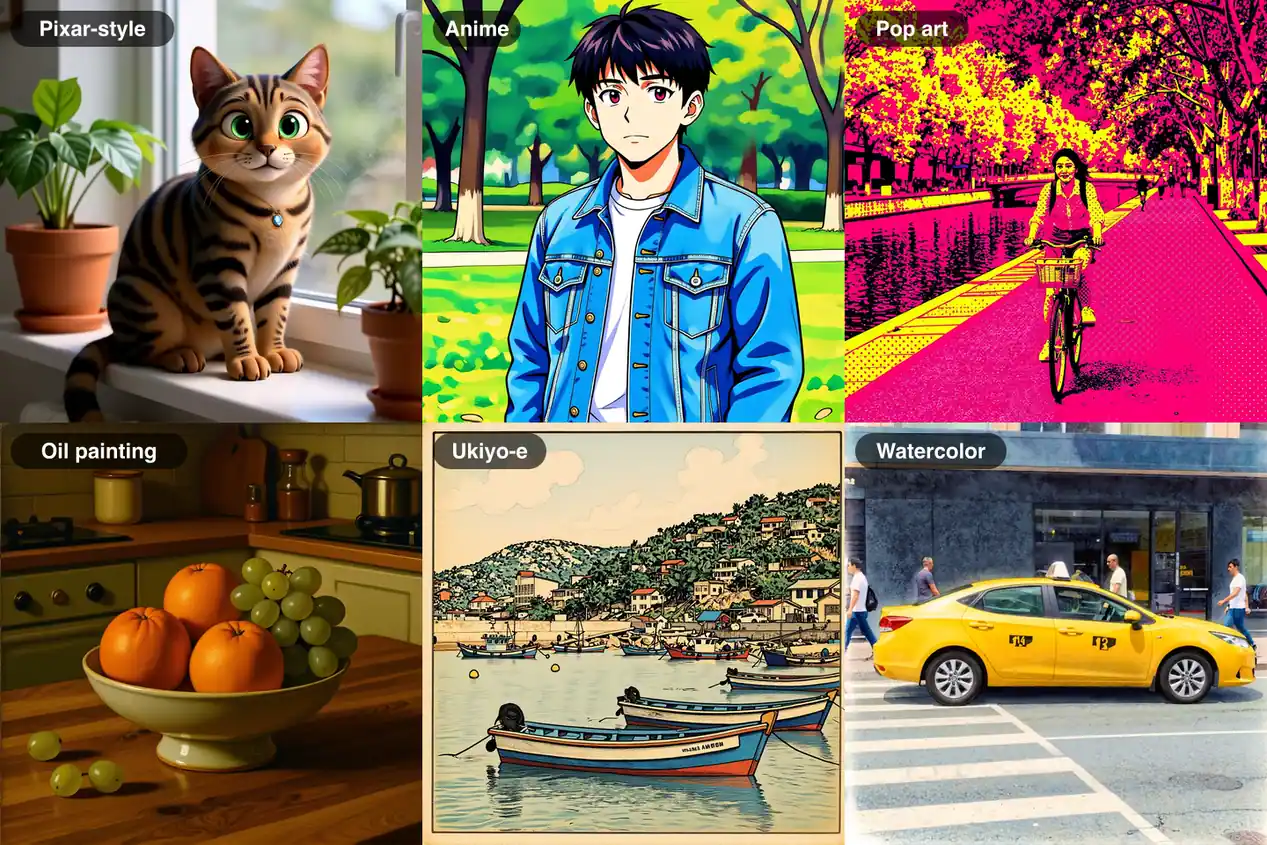 Six more art styles applied to AI-made photos: Pixar-style cat, anime portrait, pop art cyclist, oil painting fruit bowl, ukiyo-e harbour and watercolor taxi