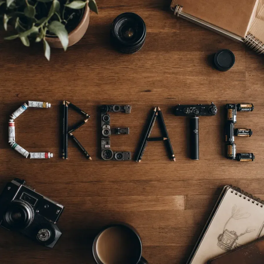 Top-down flat-lay where pencils, paint tubes and camera parts spell CREATE, made with GPT Image 2