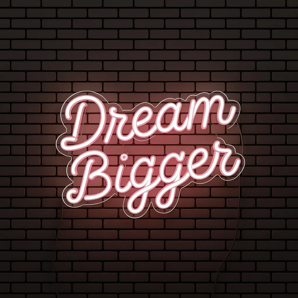 A neon sign reading DREAM BIGGER in flowing cursive on a dark brick wall, generated with Ideogram V3 Turbo