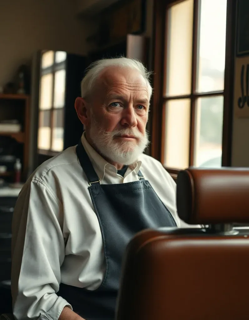 A generated documentary portrait of an elderly barber in his vintage shop lit by soft window light