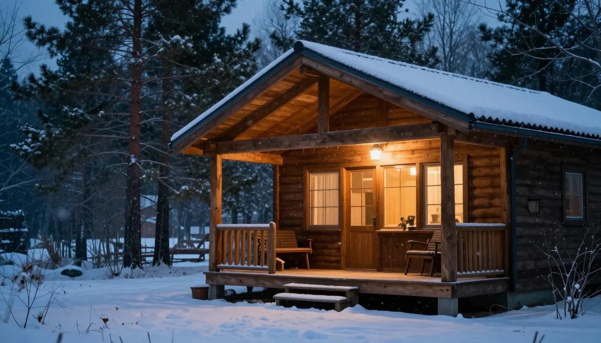 Wooden cabin porch glowing with lamplight in gentle snowfall, a 16:9 still used as an image-to-video source