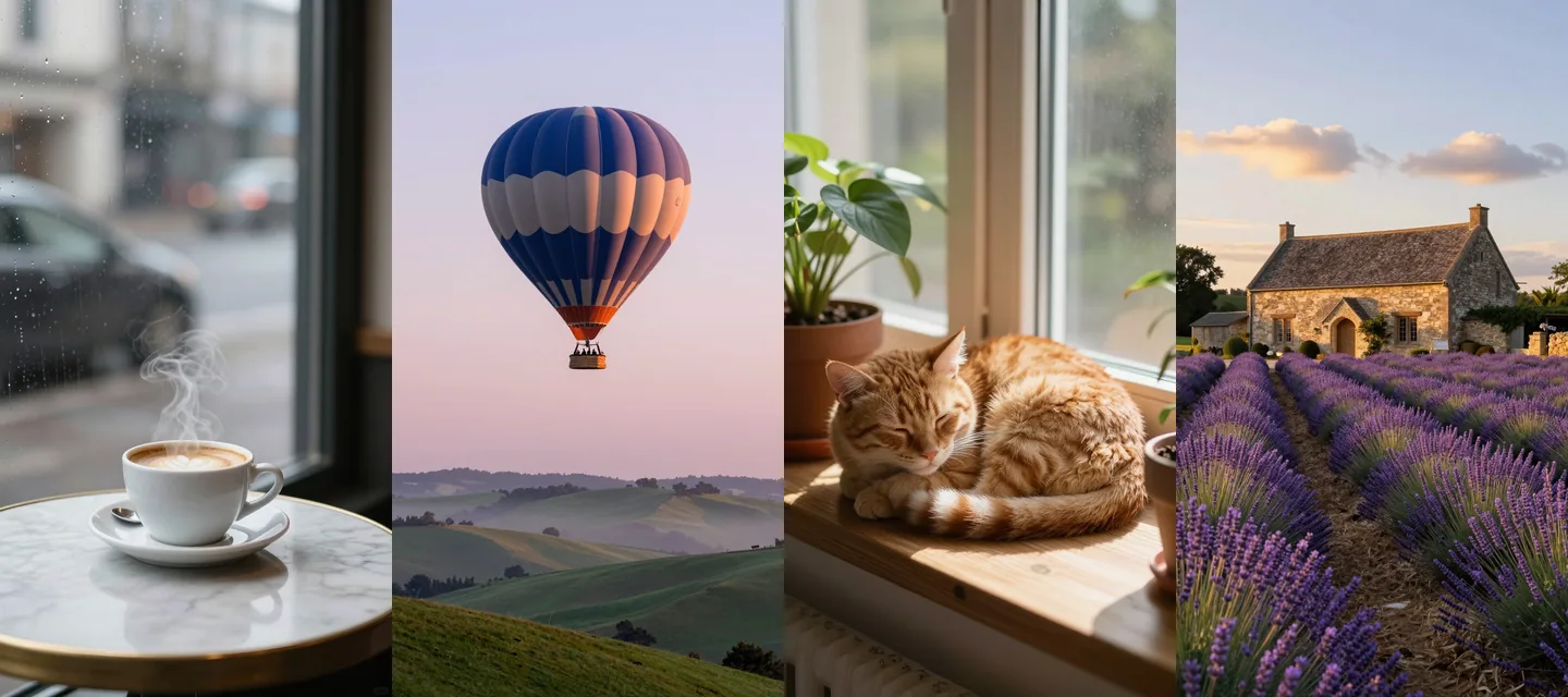 Four vertical stills used as image-to-video sources: rainy-window coffee, hot air balloon, sleeping cat and lavender farm
