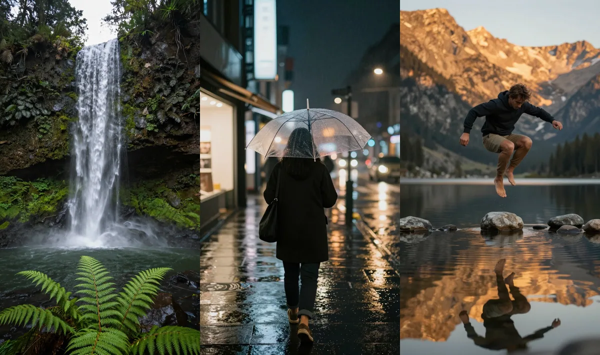 Three more vertical stills used as image-to-video sources: forest waterfall, rainy neon street walk and a stone-skipping moment